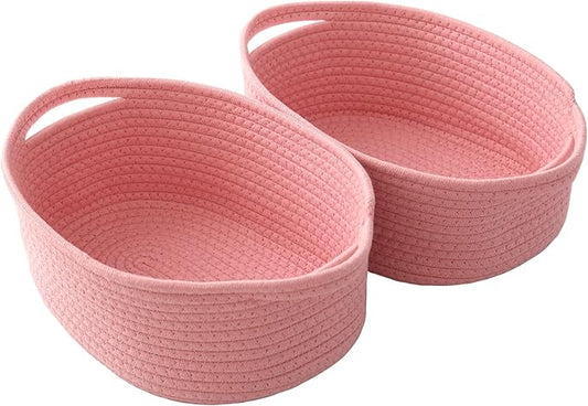 Woven Basket,Small Rope Storage Bin with Handles & Ribbon Bag, Organizer for Shelves Closets,Gift Basket Empty for Birthday,Books,Dog Toys, Pink/2 Pack