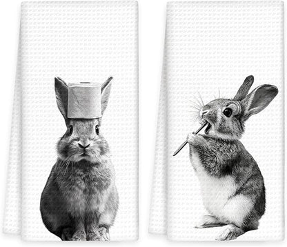 Funny Bunny Hand Towels Set of 2, Funny Rabbit Forest Animal Brush Teeth Hand Towels for Bathroom Washroom Restroom, Bunny Decor Gifts for Kids, Cute Rabbit Kids Nursey Bathroom Decor,16x24In