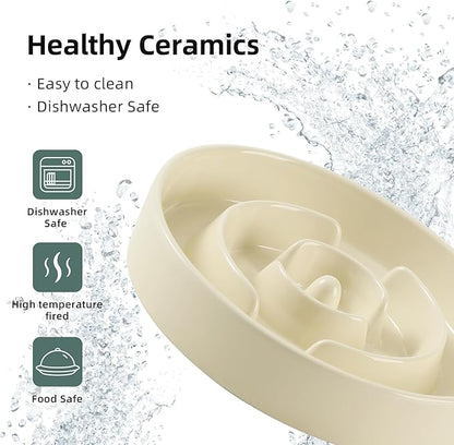3.2 Cup Ceramic Raised Slow Feeder Dog Bowl Set, Elevated 8.2inch Bowl and 9.5inch Puzzle Slow Food Dish with Wooden Stand for Large Dog, Anti-Gulping (2 x Beige+ Stand)