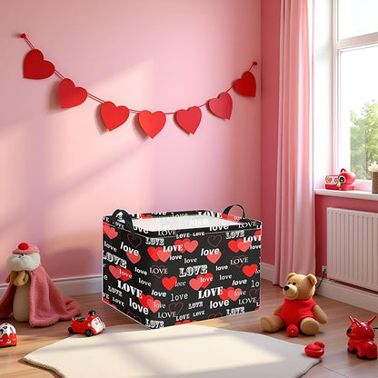Rectangular Valentines Basket for Home Kitchen Girls Cute Kids Storage Bin Organizer Shelf Book Room Decor(Black Red Love)