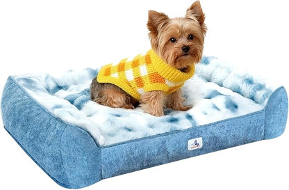Dog Bed with Shredded Foam Filling, 35" *25" Calming Pet Sofa with Removable Washable Cover, Soft Faux Fur Bolster Couch for Dogs, Anti-Slip Bottom (Tie-Dyed Blue, Small)