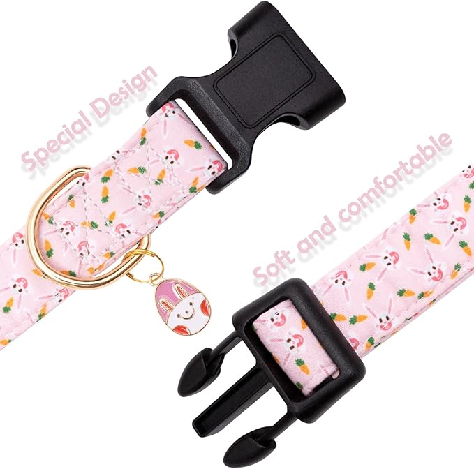 Faygarsle Cute Easter Collar for Small Medium Large Dogs Girl Boy Female Male Dog Pink Cotton with Adorable Rabbit Print Easter Puppy Collar with Easter Egg Charm L