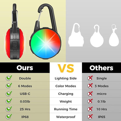 Double Sided Dog Collar Light, 6 Modes LED Pet Collar Clip On, IP68 Waterproof with Rechargeable Safety Light, 2 Pack Dog Lights for Night Walking, Camping, Running, Cycling