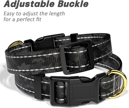 Reflective Dog Collar for Large Dogs, Cute Camouflage Adjustable Heavy-Duty Nylon Puppy Collar for Boy and Girl Female, Soft Pet Accessories with Quick Release Buckle, Black