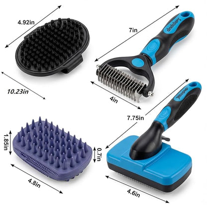 4PCS Self Cleaning Slicker Brush, Pet Grooming Rake, Bath Brush & Massage Brush for Short/Long Haired Dogs, Cats & Horses, Pet Grooming Deshedding Tools - Pet Supplies (Blue Black)