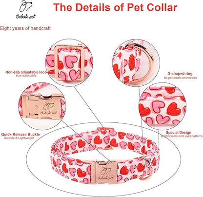 Valentines Dog Collar, Pink Heart Print Girl Dog Collars, Cute Valentine Puppy Collars, Adjustable Heavy Duty Pet Collar for Small Medium Large Dogs with Metal Buckle S