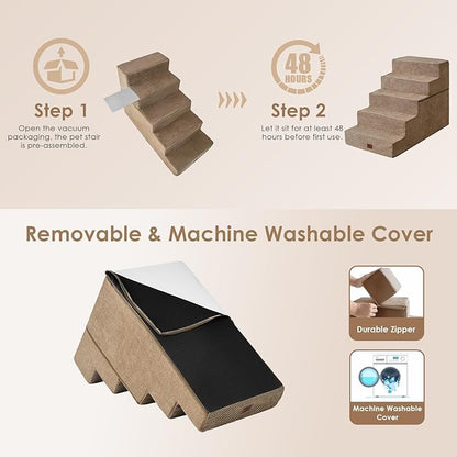 EHEYCIGA Dog Stairs for High Bed 25" H, 5-Step Extra Wide Dog Steps for Bed, Pet Steps for Small Dogs and Cats, Non-Slip Balanced Pet Ramp Indoor, Camel