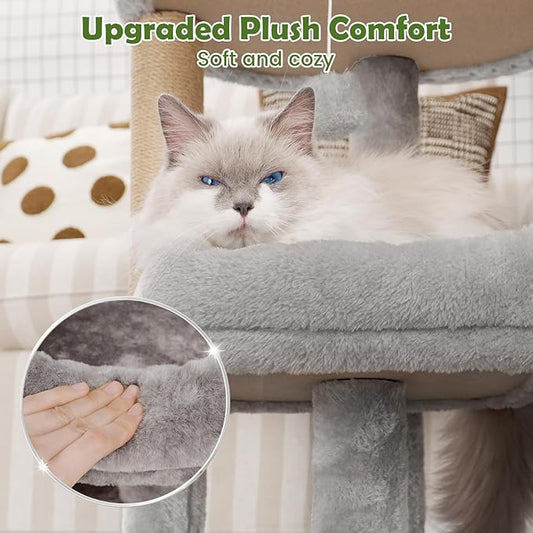 Cat Tree for Indoor Cats, 2-Tier Cat Tower with Padded Donut Beds, Stable Structure, Sisal Scratching Posts & Hanging Ball Toy, Modern Cat Furniture (Light Grey)