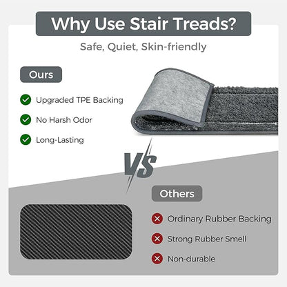 Non Slip Microfiber Stair Treads for Wooden Steps, 15PCS 8"x30" Indoor Safety Carpet, 3D Cut & Loop Tufted Edging Mats with TPE Adhesive Backing, Pet & Elderly Friendly Stair Rugs (Charcoal Border)
