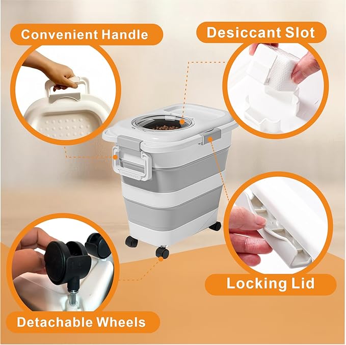 24-28 Lbs Airtight Collapsible Dog Food Storage Container with Wheels & Scoop – Foldable Pet Food Storage Bin for Dog & Cat Food, Animal Food Storage, Dog Supplies Storage Container