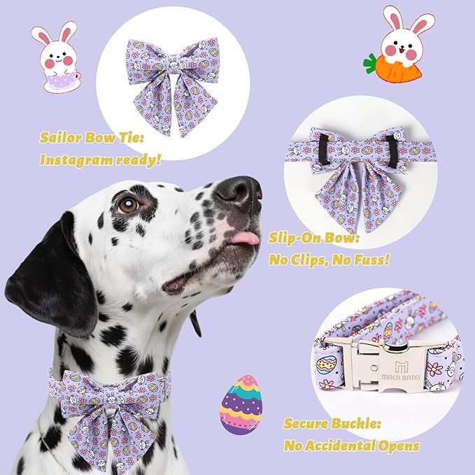 Maca Bates Easter Day Egg Dog Collar with Sailor Bow Tie for Extra Small Girl Boy Dogs, Purple Cute Bunny Rabbit Pattern,Adjustable Durable Soft Breakaway Collars for Male Female Puppy