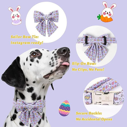 Maca Bates Easter Day Egg Dog Collar with Sailor Bow Tie for Extra Small Girl Boy Dogs, Purple Cute Bunny Rabbit Pattern,Adjustable Durable Soft Breakaway Collars for Male Female Puppy