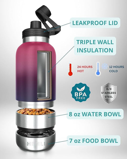 32 oz. Dog Water Bottle, Insulated Dog Travel Water Bottle, Stainless Steel Pet Water Bottle Dispenser Portable Food and Water Bowl for Dogs with Carrying Case for Walking Dog Canteen Travel Kit
