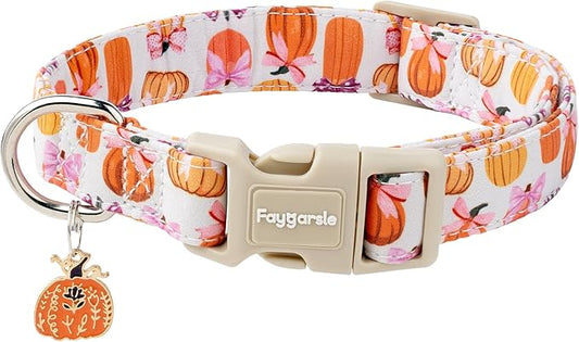 Faygarsle Fall Pumpkin Pattern Dog Collar with Charm, Adjustable Neckwear for Small Medium Large Dogs, Orange and Pink for Small Medium Large Dogs L