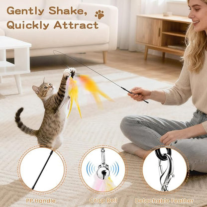 Pawaboo Feather Teaser Cat Toy, Interactive Feather Wands Cats Toy Flying Feathers Cat Catcher with Extra Long 34.5" Wand and Small Bell, Exerciser Playing Toys, 1 Wand + 6 Feathers, Colorful