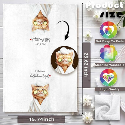 Cat Kitchen Towels - Quick-Dry Funny Bathroom Hand Towels with Cucumber Mask Feline Art, Decorative Dish Towel for Self-Care Enthusiasts & Pet Moms | Home Accent & Crazy Cat Lady Gifts
