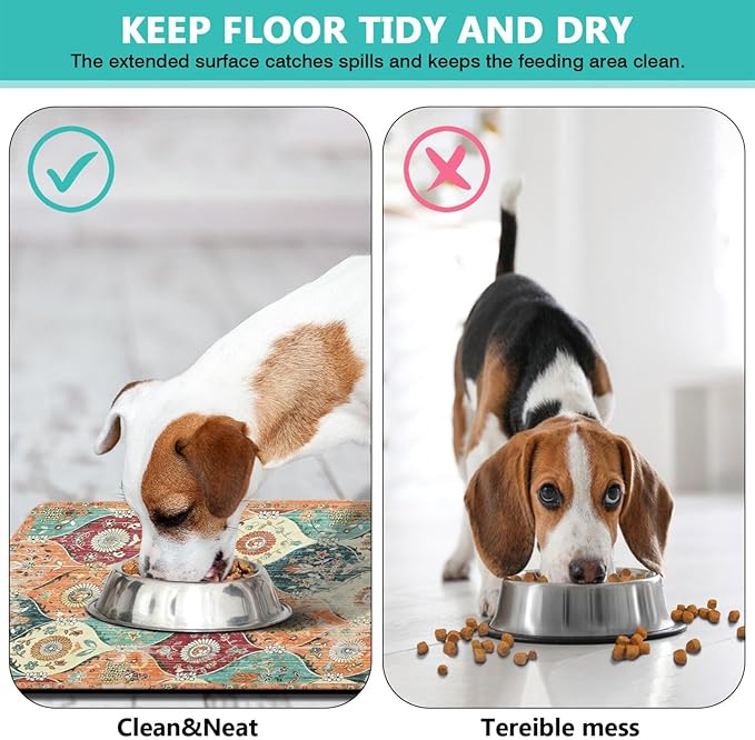 Dog Food Mats for Floors Absorbent, Cat Food Mat - Pet Cat Feeding Mat Quick Dry, Dog Bowl Mats for Water, Pet Supplies Feeding Placemat 16" x 24" Orange Boho