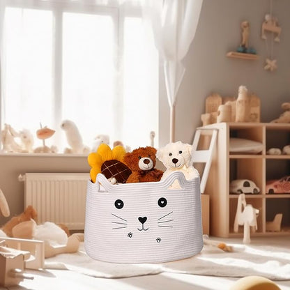 Zopeal Cat Basket Storage Woven Organizer with Ears Easter Decorative Pet Toy Cute Cotton Rope Basket for Gift Cat Dog Toy Bin Nursery Room(21.7 x 13.8 Inch,White)