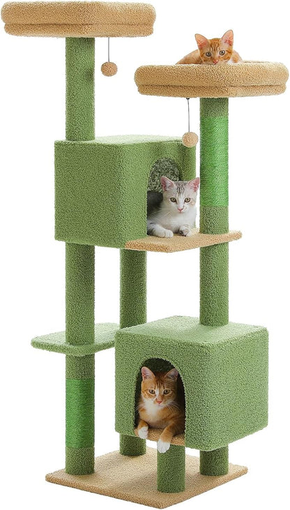 MUTTROS 52.4" Cactus Cat Tree, Cute Cat Tower for Indoor Cats with 2 Padded Perches, 2 Cozy Condos & Sisal Scratching Posts, Green