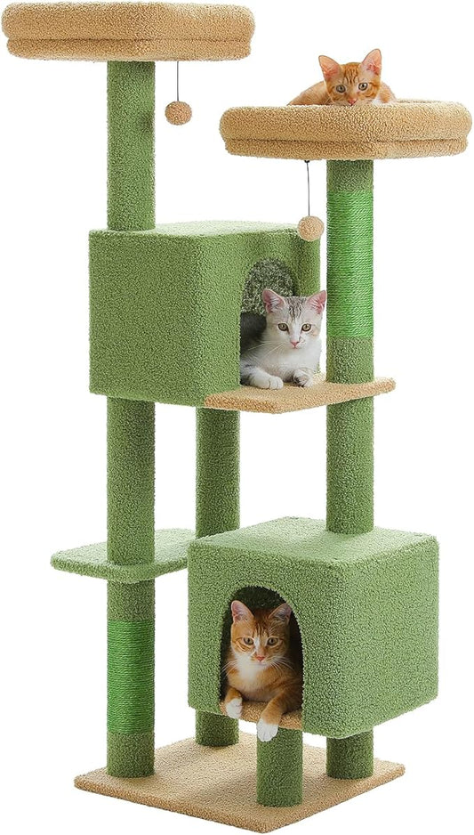 MUTTROS 52.4" Cactus Cat Tree, Cute Cat Tower for Indoor Cats with 2 Padded Perches, 2 Cozy Condos & Sisal Scratching Posts, Green