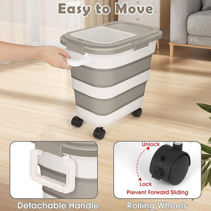 Dog Food Storage Container, 25lbs Large Collapsible Pet Cat Food Container with Airtight Lids Wheels Handle Scoop Measuring Cup Small Container, Rice Kitchen Dry Food Storage Dispenser Bin (Khaki)