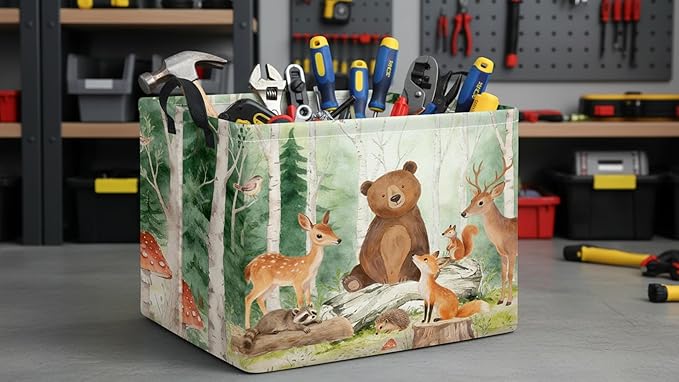 CLOCOR Rectangular Storage Basket,Collapsible Cute Pattern Storage Bin,Waterproof Books Box with Handles,Gift Basket(Forest Animals)