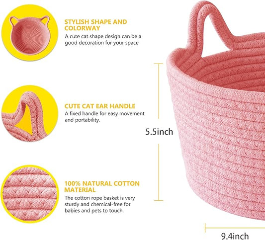 Small Cat Ears Basket, Woven Cotton Rope Organizer with Handles - Decorative Nursery Bin & Box for Baby, Pet Toy Storage