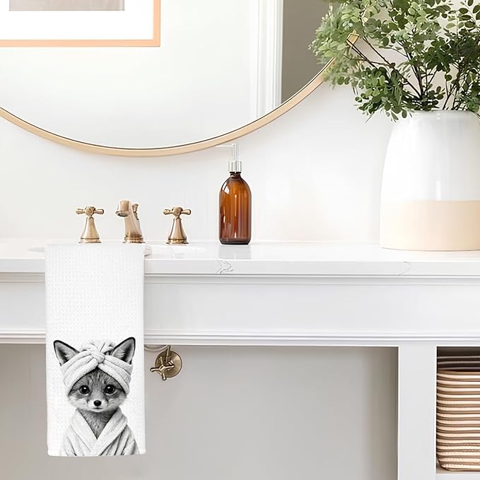 Funny Fox Bathroom Hand Towels, Fox Gifts for Women, Gifts for Animal Lovers, Black and White Farmhouse Wild Animal Decorative Hand Towels for Bathroom Decor, 16x24 Inch