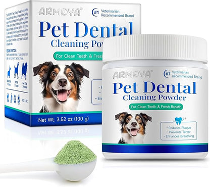 ARMOYA Dog Dental Powder - Teeth Cleaning Powder for Dogs - Dog Dental Care - Plaque & Bad Breath Off P-owder D-og - D-ental Care Supplies for Small - Medium - Large Do-gs