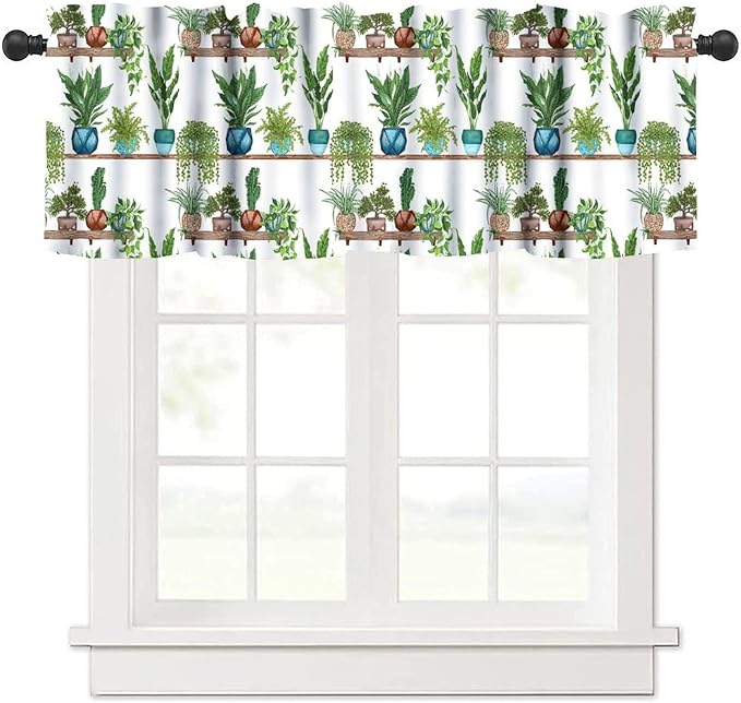 Bohemian Flower Valance Curtains, Watercolor Succulent Plants Green Indoor Plants Potted Flower Window Valance Curtain for Farmhouse Bedroom Living Room Kitchen 54x18inch