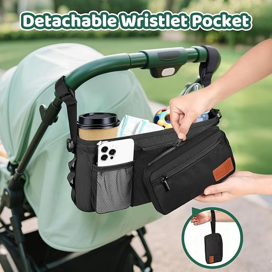Guiseapue Universal Stroller Organizer with Cup Holder: Stroller Caddy Accessories with Detachable Phone Bag Fit for Uppababy, Non-Slip Straps, Walker Accessories, First Mothers Day Gifts for New Mom