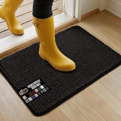 GORILLA GRIP SoakSTOPPER Dog Door Mat, Machine Washable Rug Absorbent Doormat Captures Moisture Mud Dirt, Quick Dry Soft Chenille Entryway Rugs Indoor Entrance Mats for Dog Paws, 24x17 Black