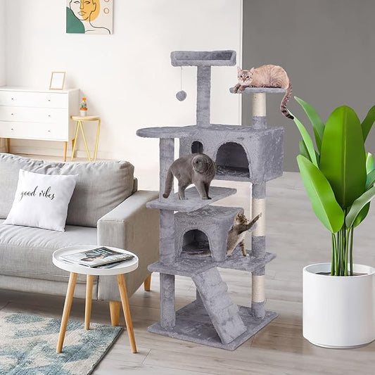 55 inches Heavy Duty Multi-Level Cat Tree Tower with Condo Furniture & Scratching Posts for Kittens Play Rest (Light Grey)