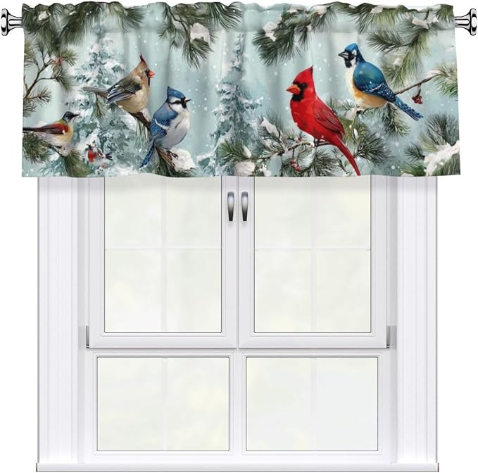 Worltoldb Winter Cardinal Bird Curtain Valance Short Rod Pocket Window Treatment for Living Room Bedroom Kitchen Bathroom 1 Panel 54" W x 18" L