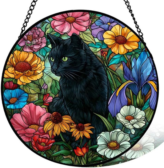 7.8 in Stained Glass Window Hanging， Black Cat and Colorful Flowers Sun Catchers Indoor Window， Core Decor Inside and Outside The Cottage， Gifts for Women -721