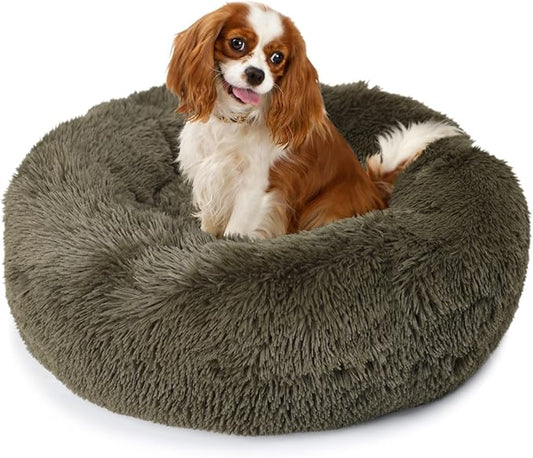 Calming Donut Dogs Beds for Small Dogs Washable,23inch Plush Round Pet Bed for Cozy Sleep,Fluffy Faux Fur Large Cat Bed,Fits up to 25 lbs Pets,Army Green