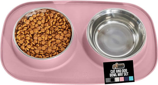 GORILLA GRIP Feeding Mat Bowl Set, 100% Waterproof BPA Free Silicone Base, 304 Stainless Steel Cat and Dog Bowls for Food and Water, Slip Resistant, High Edge, US Designed, Patent Pending, 2 Cup Pink