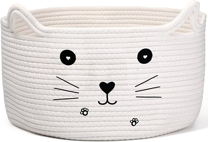 Zopeal Cat Basket Storage Woven Organizer with Ears Easter Decorative Pet Toy Cute Cotton Rope Basket for Gift Cat Dog Toy Bin Nursery Room(13.7 x 7.8 Inch,White)