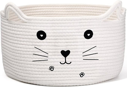 Zopeal Cat Basket Storage Woven Organizer with Ears Easter Decorative Pet Toy Cute Cotton Rope Basket for Gift Cat Dog Toy Bin Nursery Room(13.7 x 7.8 Inch,White)