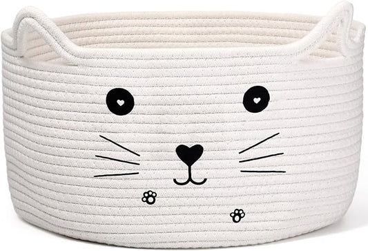 Zopeal Cat Basket Storage Woven Organizer with Ears Easter Decorative Pet Toy Cute Cotton Rope Basket for Gift Cat Dog Toy Bin Nursery Room(13.7 x 7.8 Inch,White)