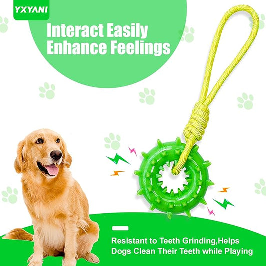 Durable Dog Chew Toy – Tough Rubber and Rope Tug Toy with Squeaker, Interactive Training and Fetch Toy for Aggressive Chewers, Medium and Large Dogs, Heavy Duty Tug-of-War (Round Ball)