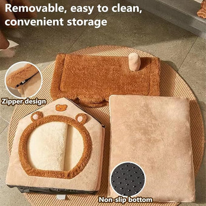 Cat Bed for Indoor Cats,Cozy Cat Cave Bed Cat House Cat Tent with Removable Cushion Pillow,Soft Warm Pet House Puppy Bed,Cute Bear Pet Nest for Cat Kitten Small Dogs (Brown, L-20.5x16.9x19.7 Inches)