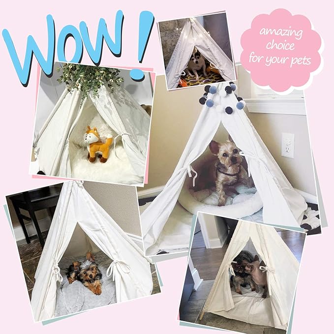 Dog Teepee Tent for Dogs & Cats Cute Pet Teepee with Mat, Portable Dog Tents 24inch Dog House Indoor Outdoor