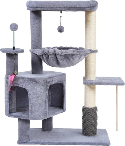 Cat Tree with Cat Condo and Hammock for Indoor Cats, Cat Tree with Self-Grooming Brush and Toy Balls,Cat Tower with Scratching Posts,Grey