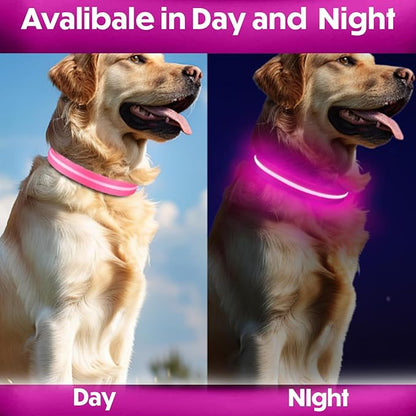 Light Up Dog Collar – Reflective, Adjustable & Rechargeable Electronic Glow Pet Collars – Bright, Comfortable, High Visibility LED Dog Collar for Night Safety, Outdoor Walk, Flashing Fun, Pink, Medium