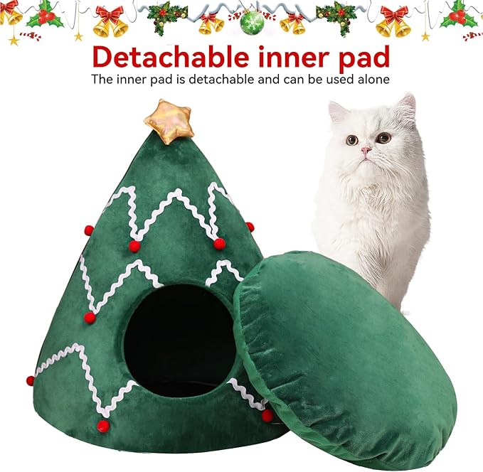 NIBESSER Cat Bed Christmas Tree Cat Tent House Self-Warming 2 in 1 Removable Comfortable Triangle Pet Teepee Xmas Dog Cave in Winter(Green/White)