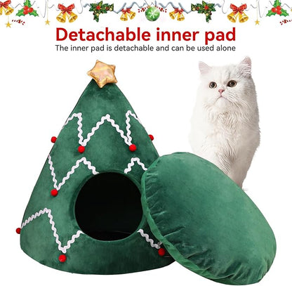 NIBESSER Cat Bed Christmas Tree Cat Tent House Self-Warming 2 in 1 Removable Comfortable Triangle Pet Teepee Xmas Dog Cave in Winter(Green/White)