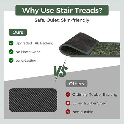 Non Slip Stair Treads for Wooden Steps 15PCS - 8"x30" Indoor Safety Carpet, Edging Mats with TPE Adhesive Backing, Pet and Elderly Friendly Stair Rugs (Dark Green/Multi)