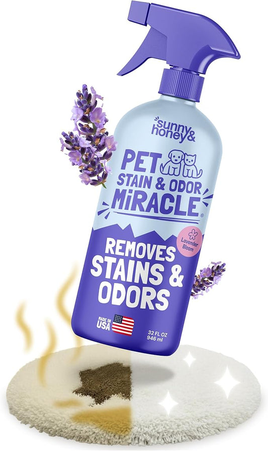 Sunny & Honey Pet Stain and Odor Remover - Enzyme Cleaner for Dog Urine and Poop on Carpets and Furniture - Strong Pet Carpet Cleaner Spray (32fl oz Lavender)