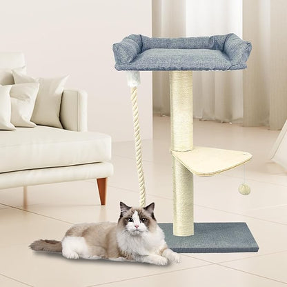 35" Cat Tree Tower for Indoor Cats, Tall Cat Scratching Post with Large Bed for Maine Coon Big Cats, Sisal Cat Scratcher with Soft Perch & Hammock, Stable Cat Stand, Gray